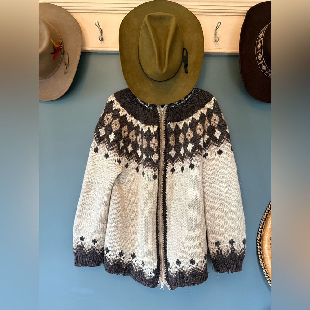 Vintage wool Knit Nordic fair isle zip Cardigan Sz large